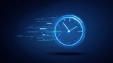 Futuristic blue clock with dynamic speed lines symbolizes fast time and rapid progress on a dark background.