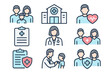 © Velar - A set of family health clinic icons is available, featuring outline vectors for web design on a white background
