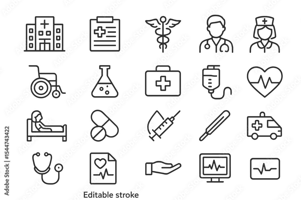 A set of editable stroke outline icons for hospital and medical health ...
