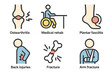 © Velar - This icon set for orthopedics includes a variety of images such as osteoarthritis, medical rehab, plantar fasciitis, back injuries, fractures, and others