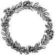 © Blackthief - Hand-drawn floral wreath vector in black and white with leaves and small blossoms forming a circular frame, perfect for invitations, cards, and decorative designs.