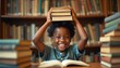 © Maryna - Happy African American boy balances stack books on head. Smiling child embraces learning, study at home. Cozy library interior, education, childhood, literacy, knowledge concept.