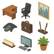 © Valentyna - Executive Office Icons. Isometric Flat icon set of executive office environment: corner office desk, leather executive chair,