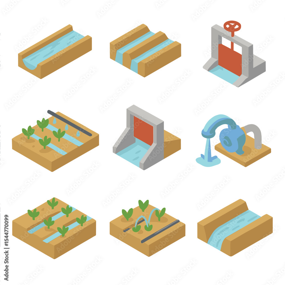 Irrigation System Icons. Isometric Flat icon set of irrigation furrow ...
