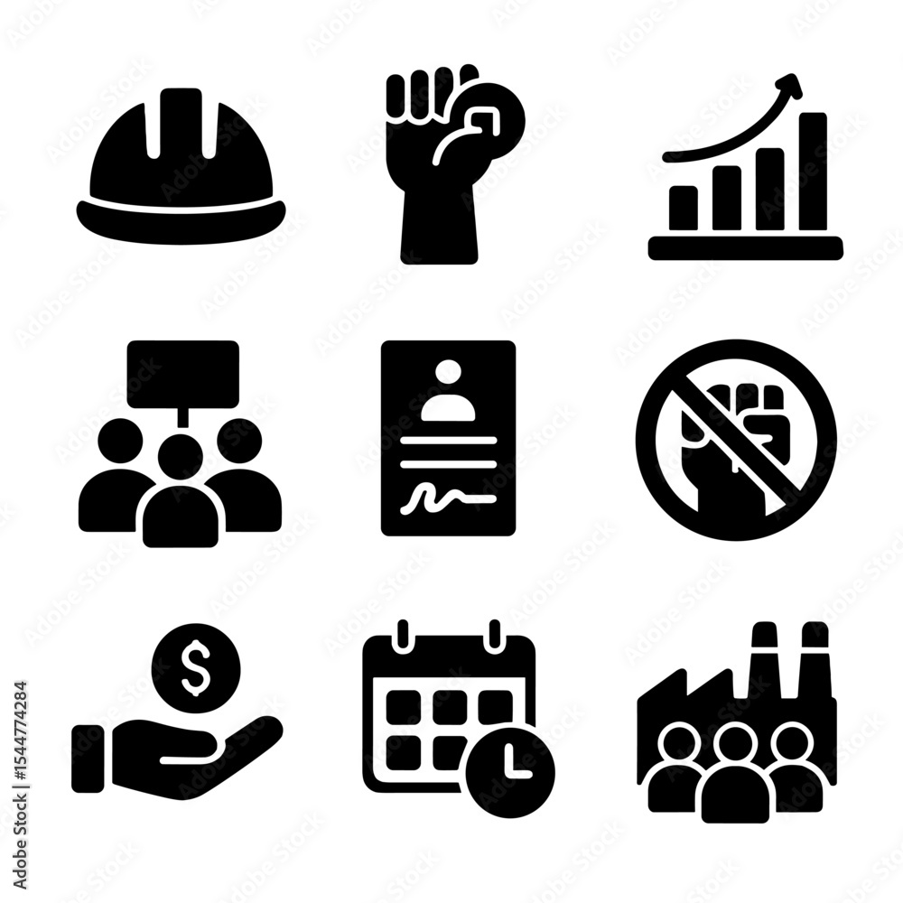 Labor Rights Icons. Solid, filled icons set of labor rights and worker ...