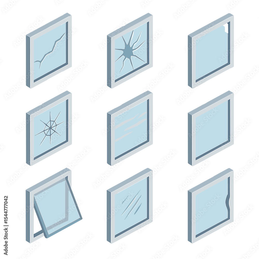 Window Damage Icons. Isometric Flat icon set of window damage types ...