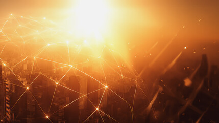 smart digital innovation city with connection network reciprocity over the sunset cityscape. of futu