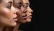 © Maryna - Three women showcasing diverse ethnicities against black background. Profile portraits with natural skin tones. Beauty, fashion, diversity, elegance, concept of unity and female solidarity.