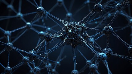 A complex network of interconnected nodes and lines against a dark background view