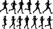 © Legend Monir - Silhouette of people running in motion, male and female joggers in various poses, fitness activity illustration, black vector runners on white background, healthy lifestyle concept art