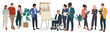 © Creative_Juice_Art - Set of diverse business team members interacting—talking, meeting, presenting, brainstorming. Includes multiracial men, women, and person in wheelchair. Isolated on transparent background.