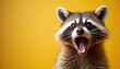 © Maryna - Shocked raccoon portrait with open mouth, bright yellow background. Surprised animal face, big eyes express excitement, amazement. Funny comic emotion, wow news, happy offer, joyful, joy, fun.