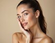 © Maryna - Beautiful woman face closeup with healthy skin. Female model in studio portrait. Natural makeup, smooth skin, touch, skincare, cosmetology, beauty salon, spa.