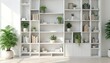 © Maryna - Classic white wooden bookshelf with books, green plants. Modern home decor with adjustable shelves. Clean design, storage solution for home office. Minimalist aesthetic, perfect for interior design.