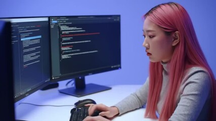 Young professional coder working with dual monitors on complex project