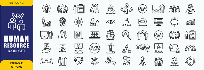set of 50 outline icons related to hr, human resources, recruitment, employment, business, office, c