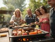 © Ja - Family grilling outdoors on a sunny day with meat vegetables and hotdogs being cooked on the grill top