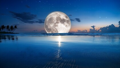 Wall Mural - beautiful full moon reflected on the calm water of a tropical beach