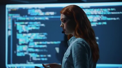 Professional coder woman examining complex code on digital display panel