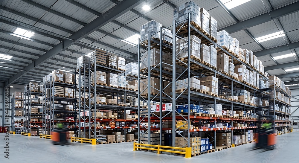 Vast warehouse interior showcasing high-bay racking systems filled with ...