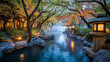 © TK Gallery - Serene Onsen River in Japanese Garden with Glowing Lanterns and Fall Colors