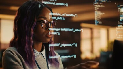 Focused software engineer analyzes code on a transparent display interface