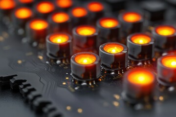 Wall Mural - close-up of illuminated components on a circuit board, showcasing intricate details and glowing oran