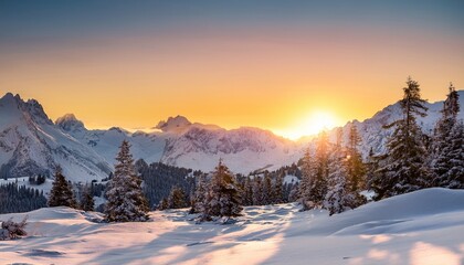 Wall Mural - stunning winter landscape with snow covered mountains and sunrise in the background