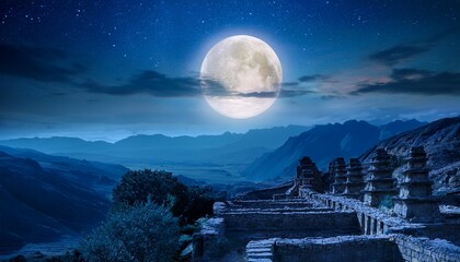 Wall Mural - serene nightscape full moon illuminates mountain valley starry sky clouds ancient structures