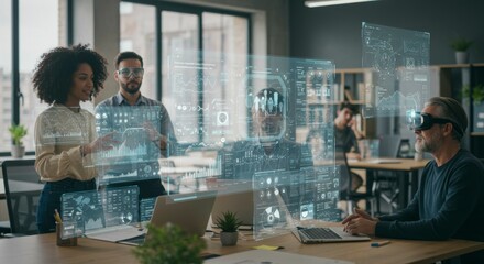 Diverse team collaborates using augmented reality, reviewing data visualizations on holographic displays in a modern office