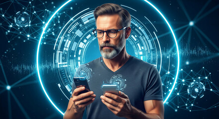 Wall Mural - man with glasses using two smartphones against a futuristic, glowing blue technological background, 