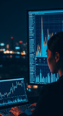 Wall Mural - woman analyzing financial data on laptop and large monitor, showcasing night cityscape background, r