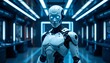 © Naveed Khan - A sleek white android stands in a futuristic corridor embodying advanced artificial intelligence and technological innovation