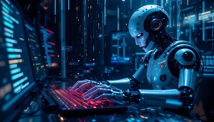 A robot is coding on a computer with a glowing keyboard in a dark room