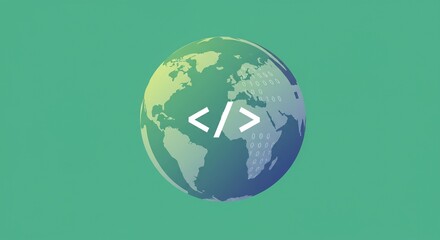Global Code: Pixel Art Earth with Code Symbols on Green Background