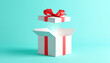 © Pastel - A floating gift box with a red ribbon against a teal background, symbolizing surprise and celebration