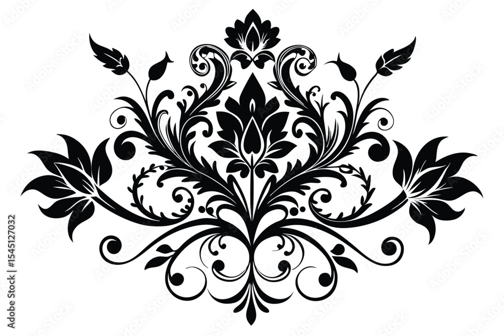 Elegant Black Floral Damask Swirls and Leaves Vector Design Element for Decoration