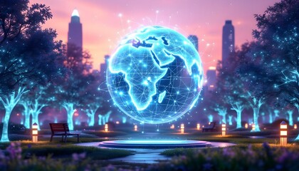 Holographic globe with interconnected data points and glowing lines, global digital network concept .
