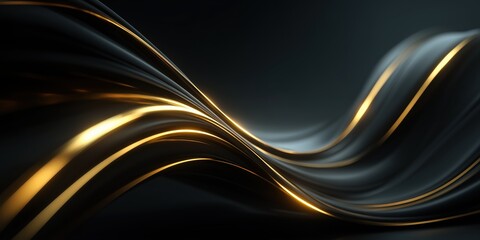 Wall Mural - classic black background with smooth flowing gold curves and 3d metallic highlights