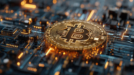 digital bitcoin cryptocurrency with golden circuitry and binary code background, futuristic financia