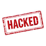 Red hacked stamp graphic in distressed bold font for cyber security concept isolated on transparent background