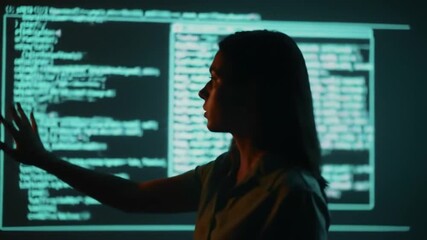Woman analyzes encrypted source code projected on a screen in a dim room