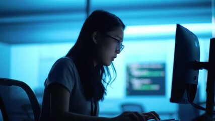 Focused female coder immersed in software development under blue illuminated ambience