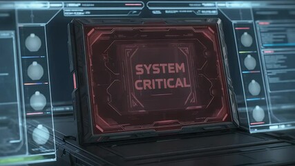 System Critical Alert: A close-up shot captures a futuristic screen displaying a bold 