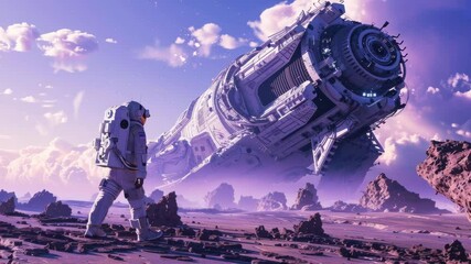 Wall Mural - An astronaut on an alien planet standing near a high tech intricate ancient alien structure or starship