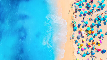 Wall Mural - Summer vacation and rest. Beach, people and umbrellas. Top view from drone at the beach and azure sea. View on the coast from drone. Background, wallpaper, postcards.
