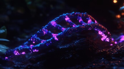 Wall Mural - Futuristic DNA Structure Glowing in Neon Colors on a Dark Background