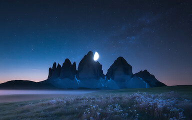 crescent moon illuminates dramatic dolomites peaks at night, wildflowers in foreground