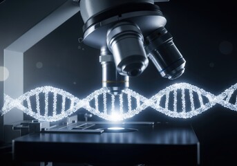 Wall Mural - genetic code under scrutiny. a modern microscope meticulously observes a luminous dna helix. this vi