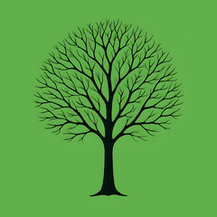 A stylized silhouette of a leafless tree with intricate branches, centered on a vibrant green background, symbolizing nature, life, and growth.